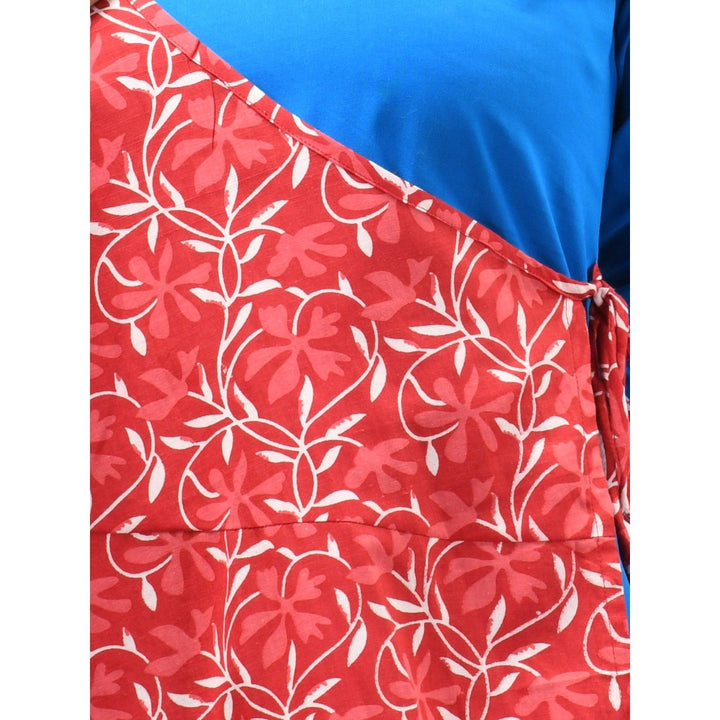 CHARUKRITI Blue & Red Floral Printed Cotton Angrakha-Style Kurta