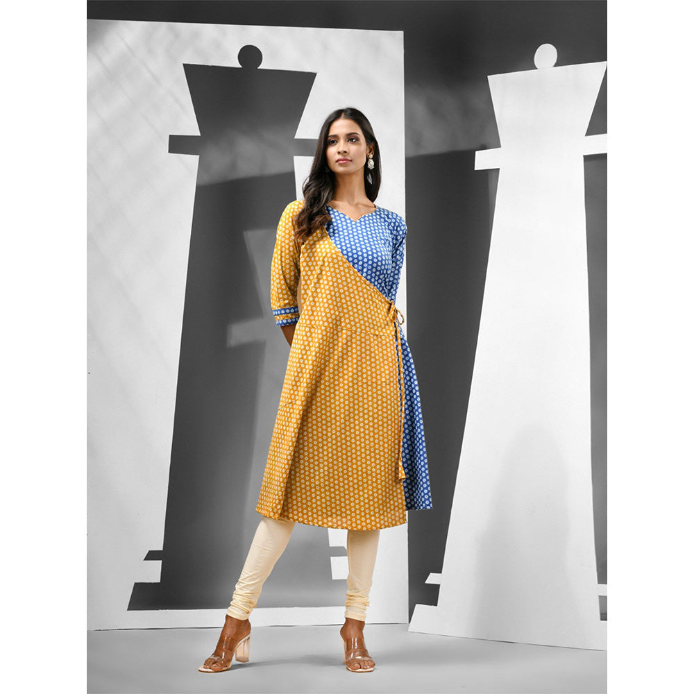 CHARUKRITI Blue & Mustard Yellow Angrakha-style Printed Cotton Kurta