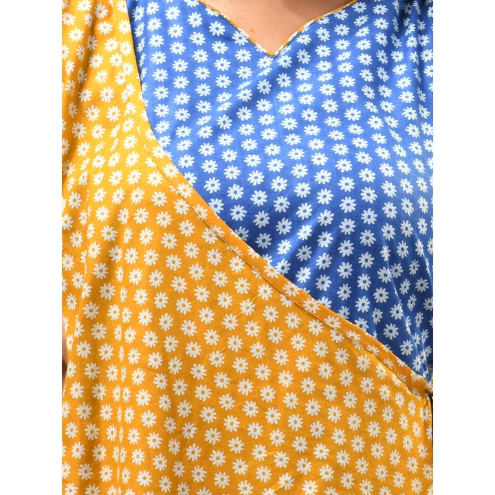 CHARUKRITI Blue & Mustard Yellow Angrakha-style Printed Cotton Kurta