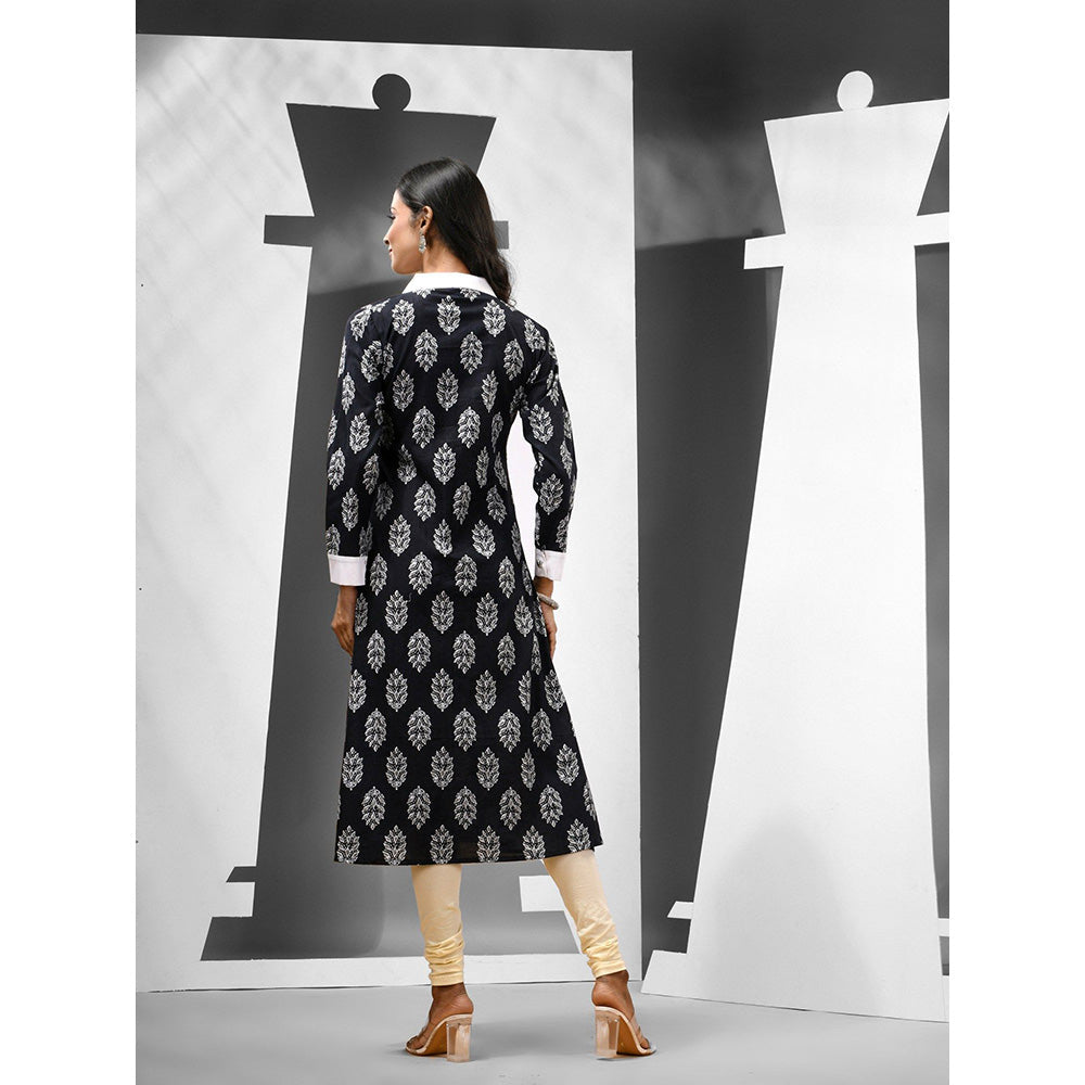 CHARUKRITI Black Cotton Floral Printed A-Line Kurta