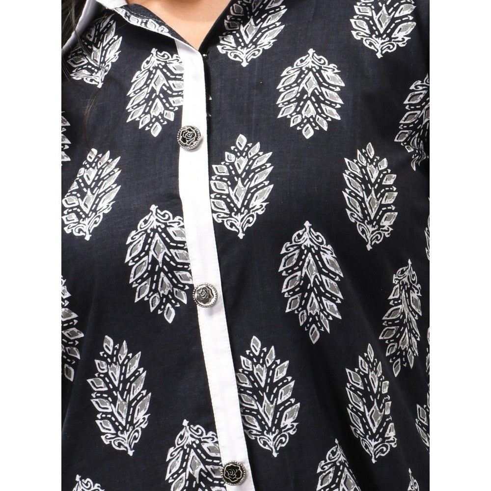 CHARUKRITI Black Cotton Floral Printed A-Line Kurta