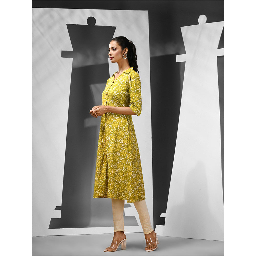 CHARUKRITI Lime Green Cotton Floral Printed A-Line Kurta