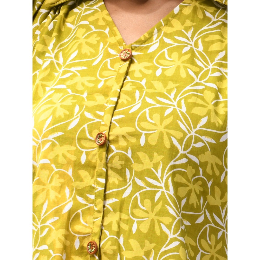 CHARUKRITI Lime Green Cotton Floral Printed A-Line Kurta