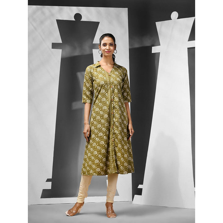 CHARUKRITI Mehendi Green Abstract Pattern Cotton A-Line Kurta