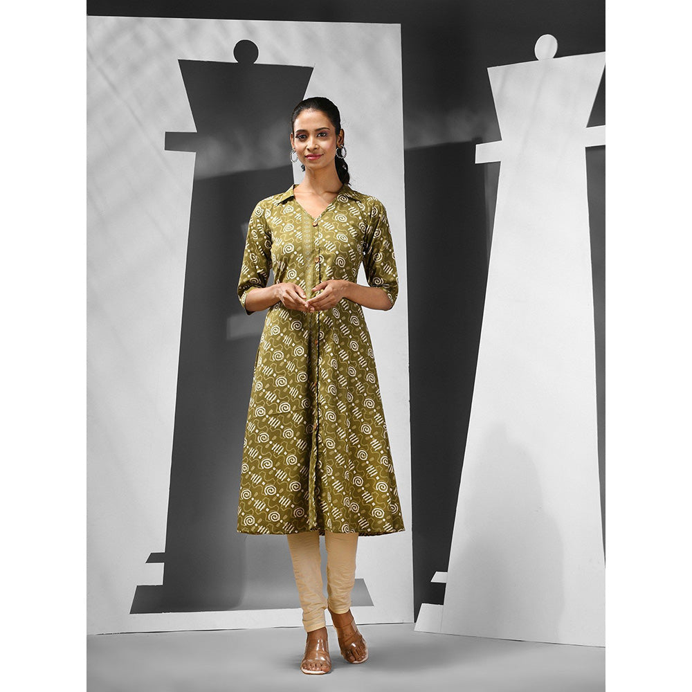 CHARUKRITI Mehendi Green Abstract Pattern Cotton A-Line Kurta