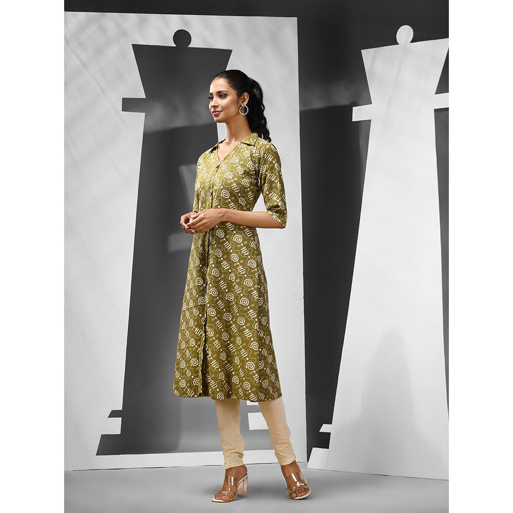 CHARUKRITI Mehendi Green Abstract Pattern Cotton A-Line Kurta