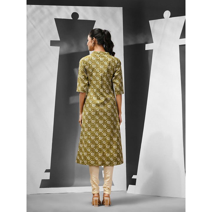 CHARUKRITI Mehendi Green Abstract Pattern Cotton A-Line Kurta