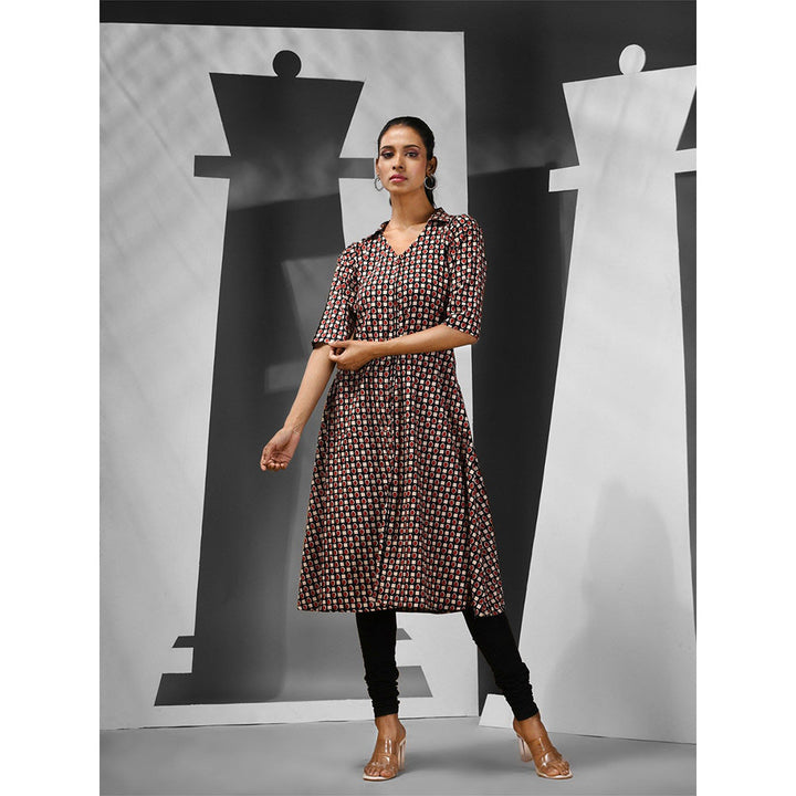 CHARUKRITI Black Cotton A-Line Geometric Print Kurta