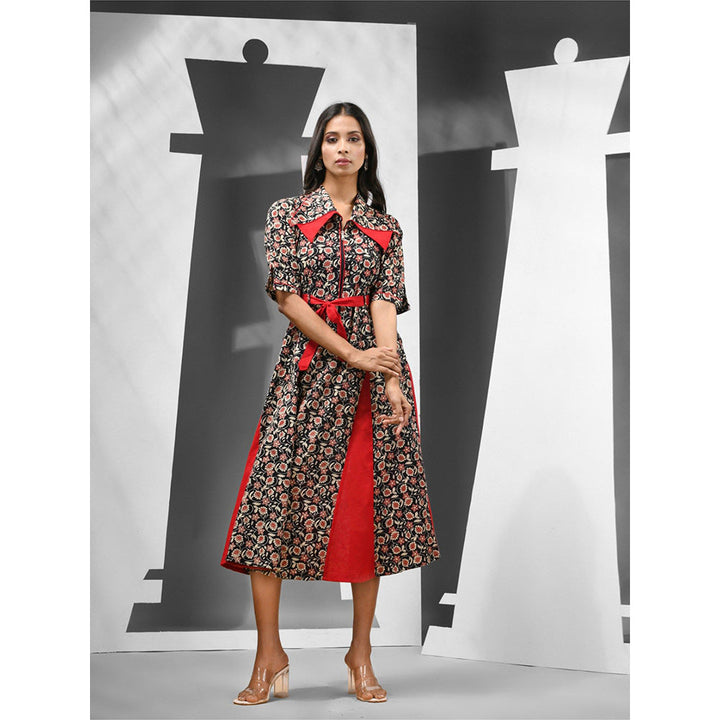 CHARUKRITI Black & Red Cotton Floral Printed Panelled Dress with Belt (Set of 2)