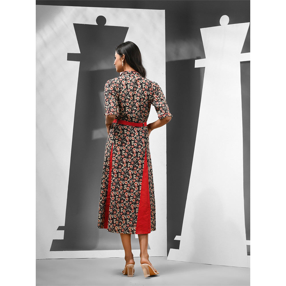 CHARUKRITI Black & Red Cotton Floral Printed Panelled Dress with Belt (Set of 2)