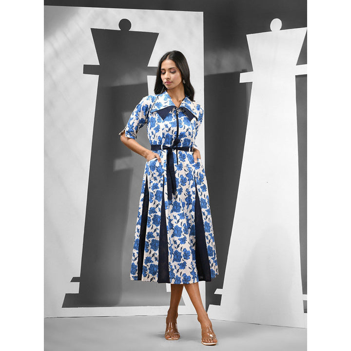 CHARUKRITI White & Blue Cotton Floral Printed Dress with Belt (Set of 2)