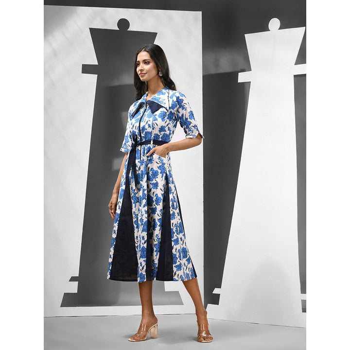 CHARUKRITI White & Blue Cotton Floral Printed Dress with Belt (Set of 2)