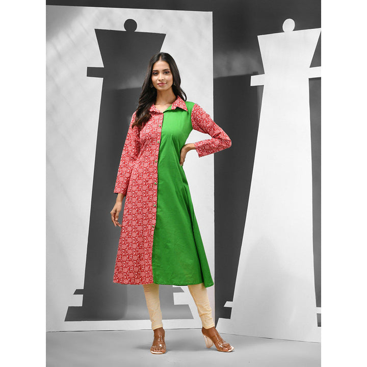 CHARUKRITI Green & Red Cotton Floral Printed A-Line Kurta