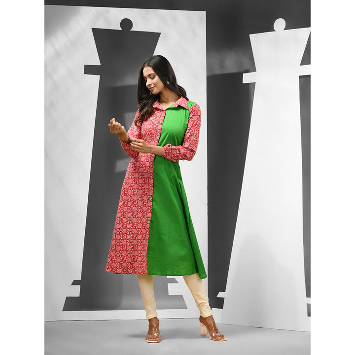 CHARUKRITI Green & Red Cotton Floral Printed A-Line Kurta