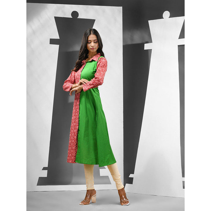 CHARUKRITI Green & Red Cotton Floral Printed A-Line Kurta