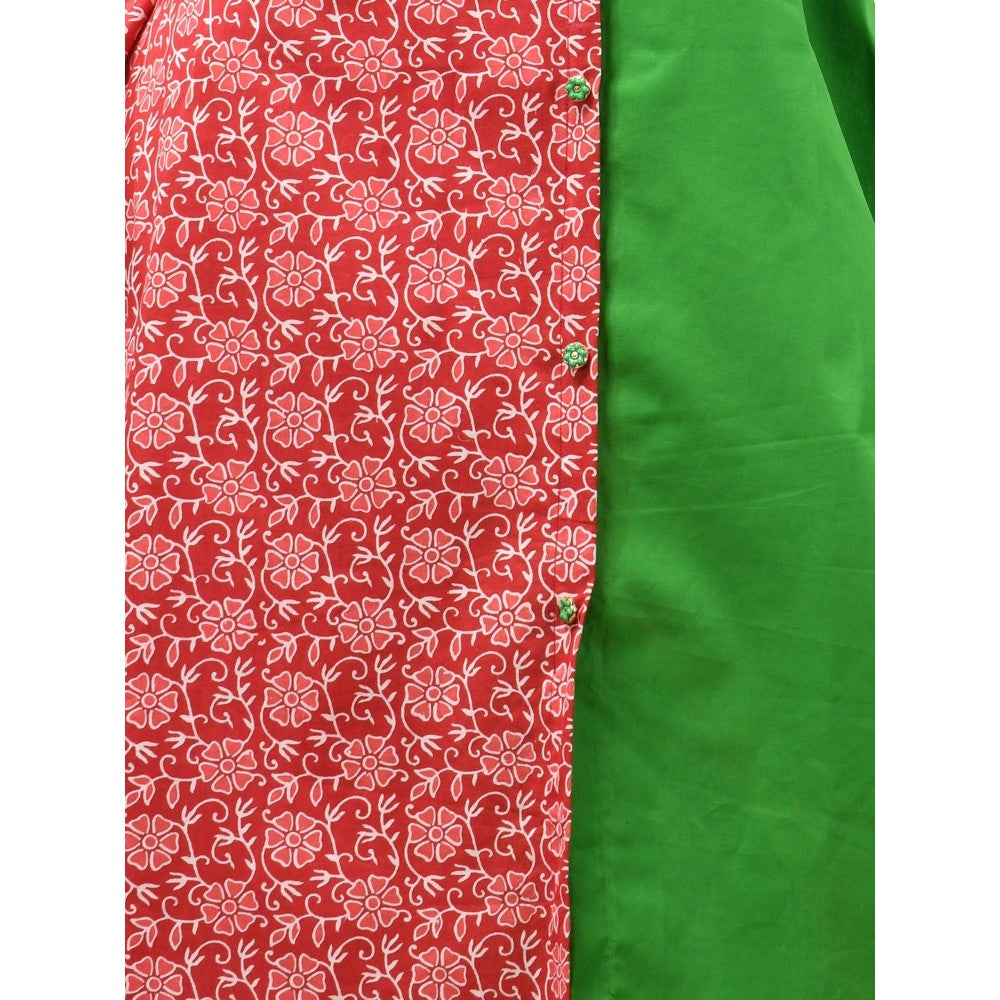 CHARUKRITI Green & Red Cotton Floral Printed A-Line Kurta