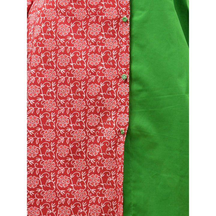 CHARUKRITI Green & Red Cotton Floral Printed A-Line Kurta