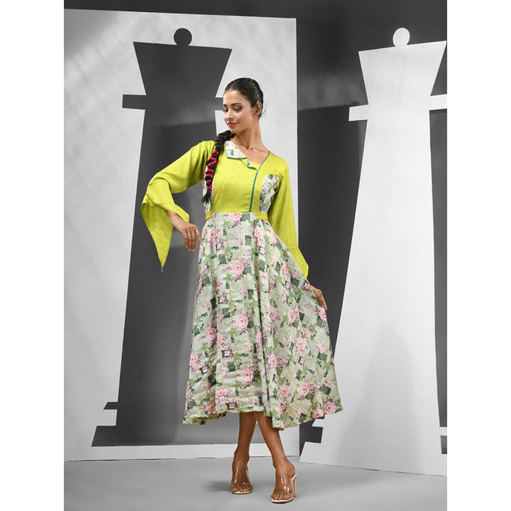 CHARUKRITI Lime Green Chinon Printed Work Dress