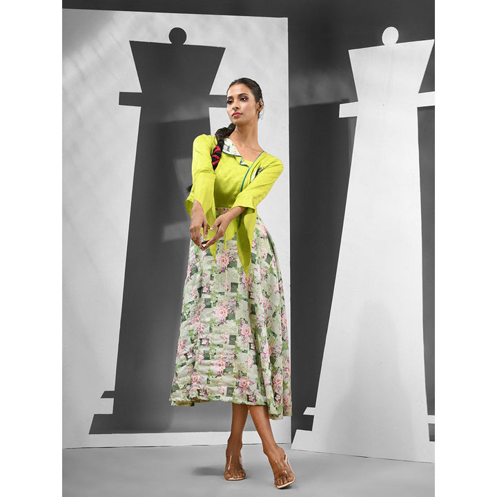 CHARUKRITI Lime Green Chinon Printed Work Dress