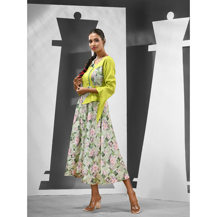 CHARUKRITI Lime Green Chinon Printed Work Dress