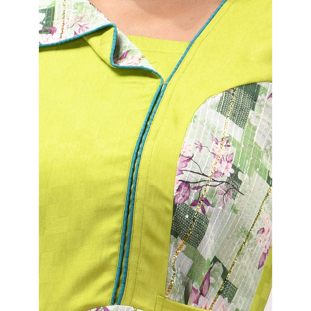 CHARUKRITI Lime Green Chinon Printed Work Dress