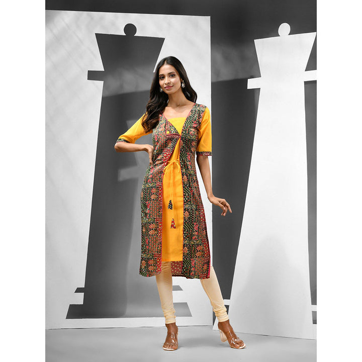 CHARUKRITI Yellow Printed Rayon Angrakha Style Kurta