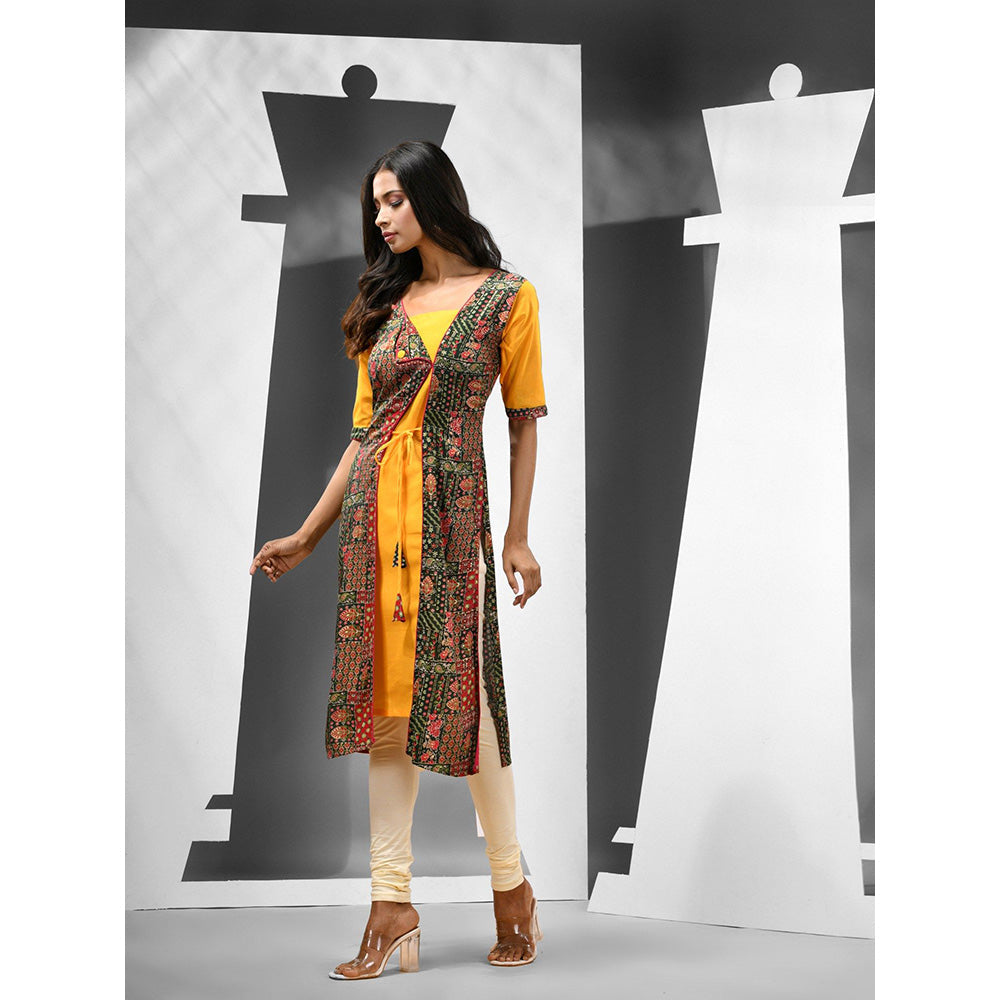 CHARUKRITI Yellow Printed Rayon Angrakha Style Kurta