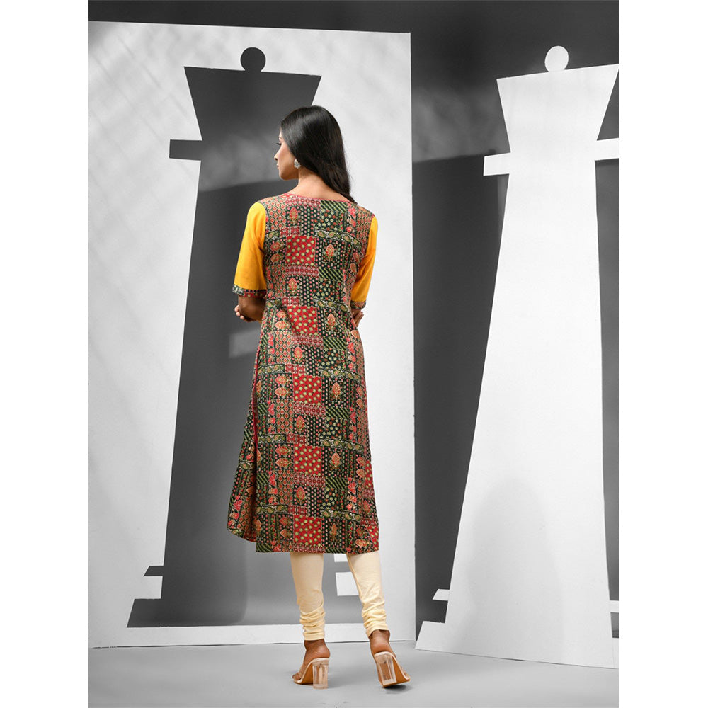 CHARUKRITI Yellow Printed Rayon Angrakha Style Kurta