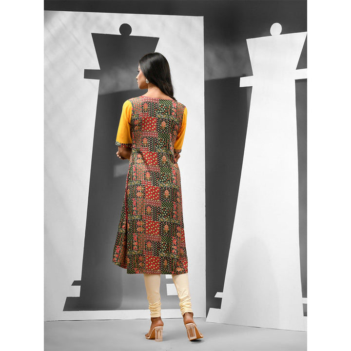 CHARUKRITI Yellow Printed Rayon Angrakha Style Kurta