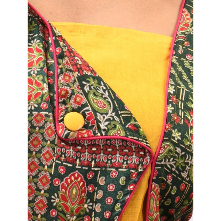 CHARUKRITI Yellow Printed Rayon Angrakha Style Kurta