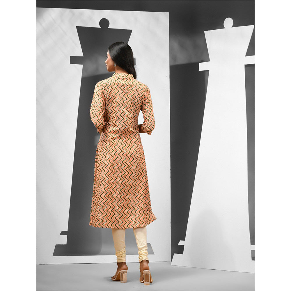 CHARUKRITI Orange Chevron Printed Cotton A-Line Kurta