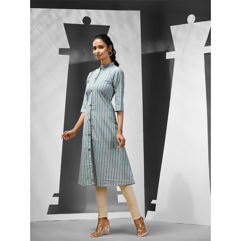 CHARUKRITI Sky Blue Cotton A-Line Printed Kurta