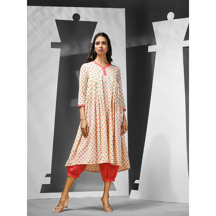 CHARUKRITI Peach Cotton Printed Anarkali Kurta with Salwar (Set of 2)