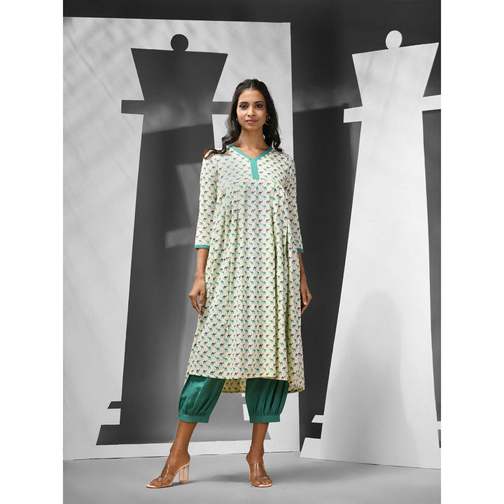 CHARUKRITI Green Cotton Printed Anarkali Kurta with Salwar (Set of 2)