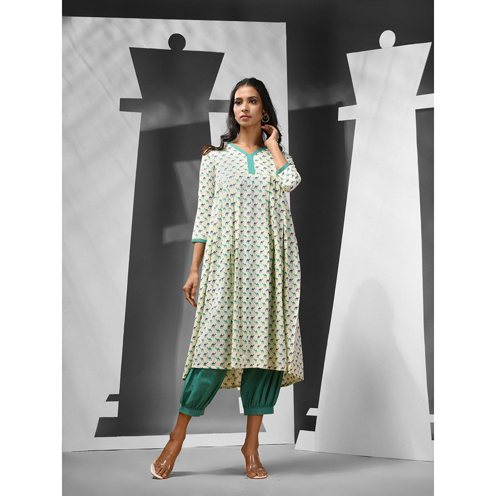 CHARUKRITI Green Cotton Printed Anarkali Kurta with Salwar (Set of 2)