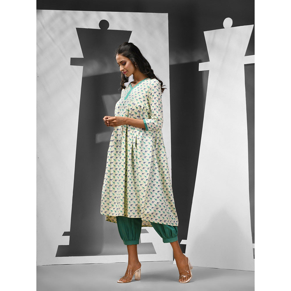 CHARUKRITI Green Cotton Printed Anarkali Kurta with Salwar (Set of 2)