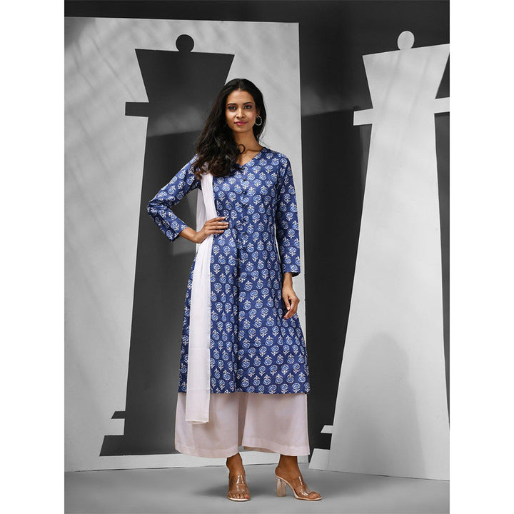 CHARUKRITI Blue Cotton Floral Print Kurta with Palazzo & Dupatta (Set of 3)