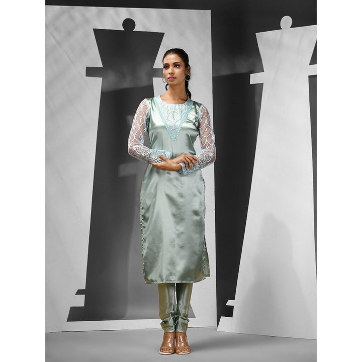 CHARUKRITI Sea Green Georgette Embroidery Kurta with Churidar (Set of 2)