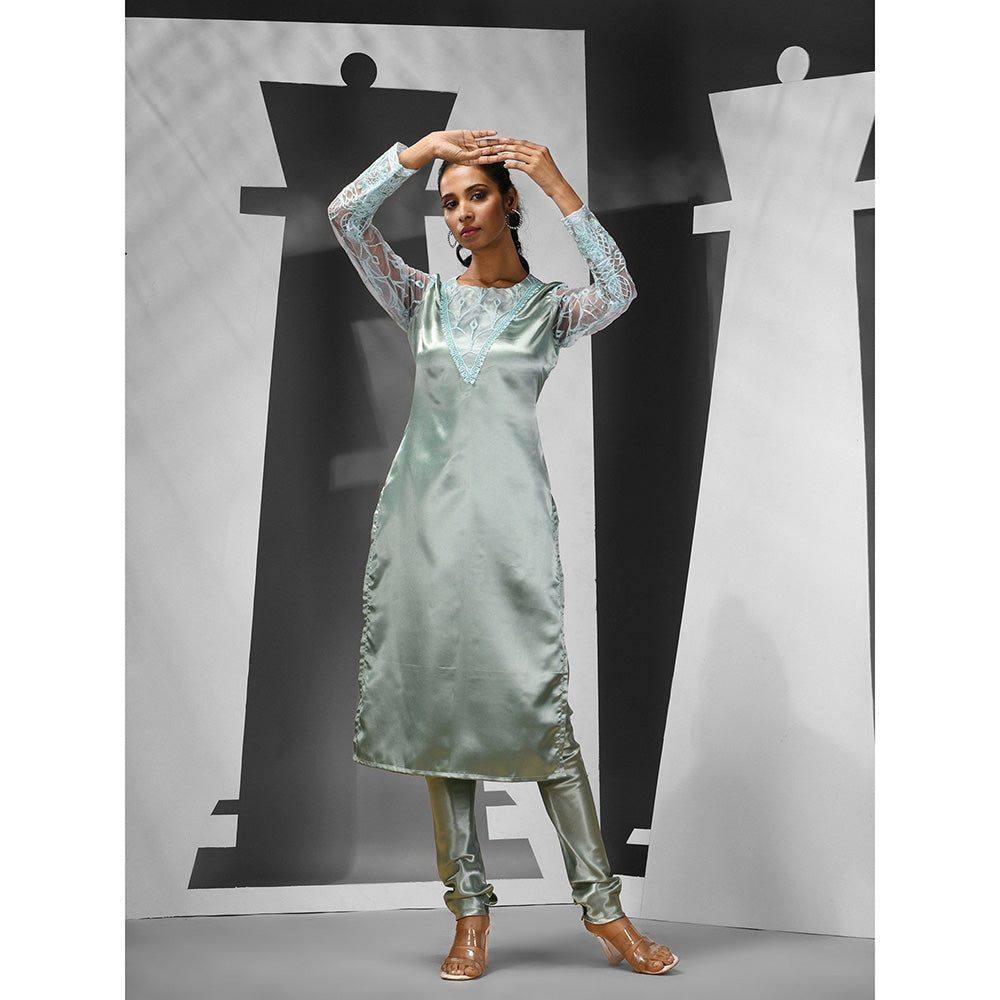 CHARUKRITI Sea Green Georgette Embroidery Kurta with Churidar (Set of 2)