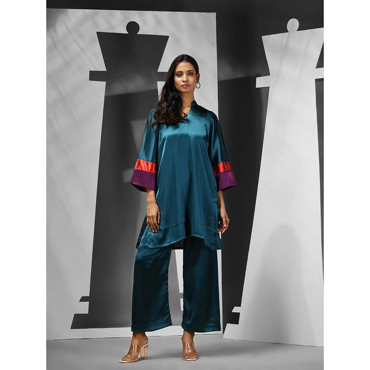 CHARUKRITI Teal Satin Solid Kurta with Palazzo (Set of 2)