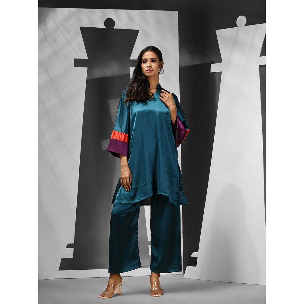 CHARUKRITI Teal Satin Solid Kurta with Palazzo (Set of 2)