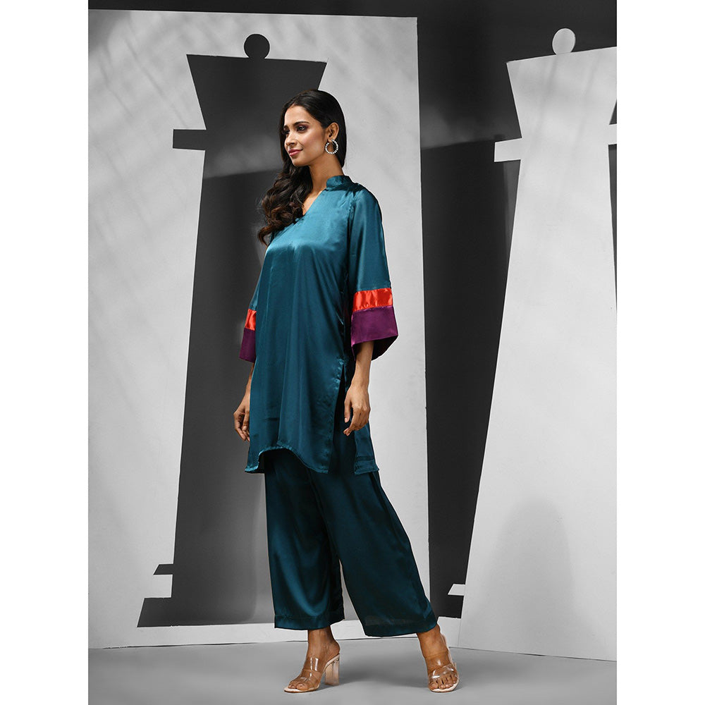 CHARUKRITI Teal Satin Solid Kurta with Palazzo (Set of 2)