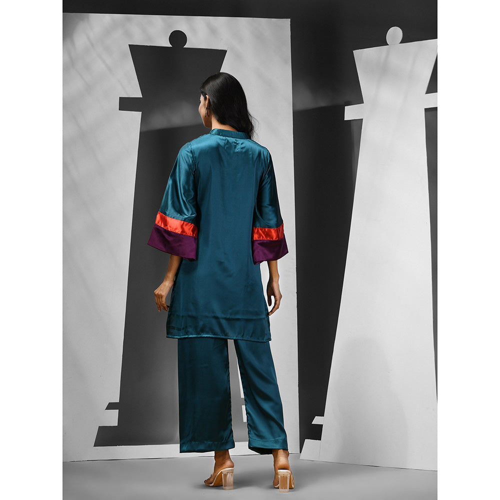 CHARUKRITI Teal Satin Solid Kurta with Palazzo (Set of 2)