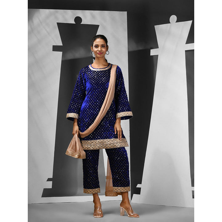 CHARUKRITI Blue Velvet Embroidery & Sequins Kurta with Pant & Dupatta (Set of 3)