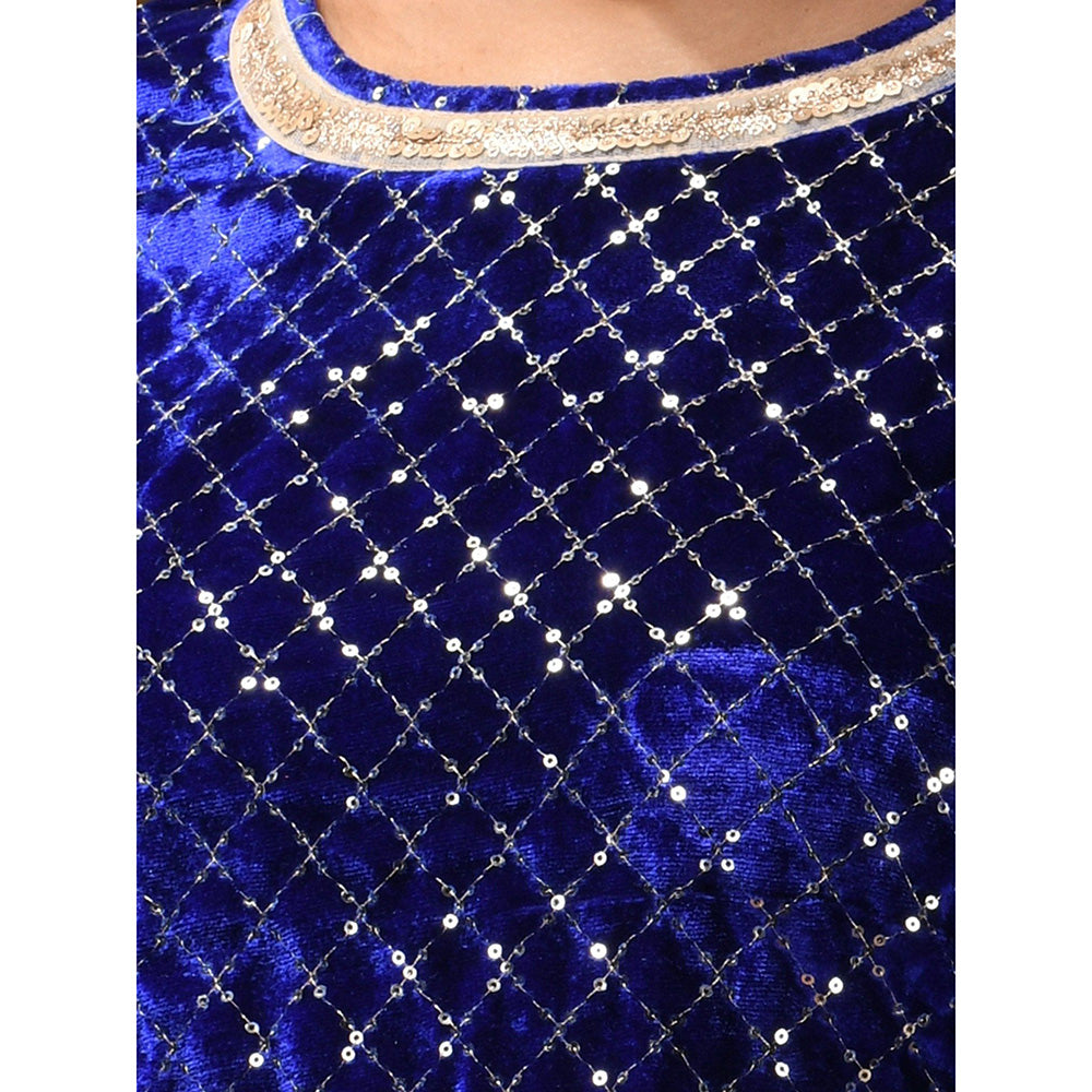 CHARUKRITI Blue Velvet Embroidery & Sequins Kurta with Pant & Dupatta (Set of 3)