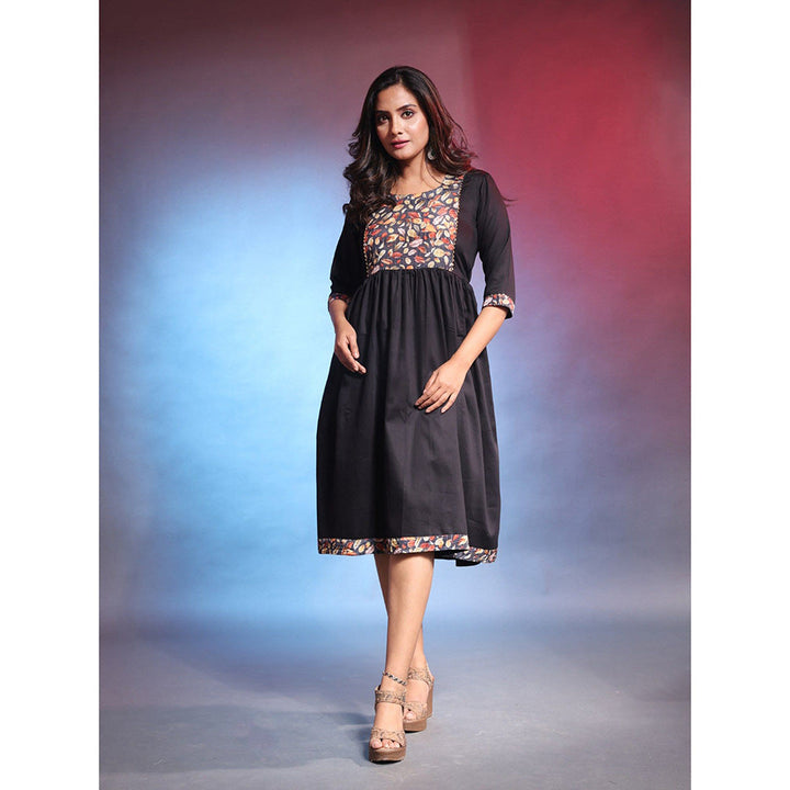 CHARUKRITI Black Solid Gathered Cotton Ethnic Printed Dress