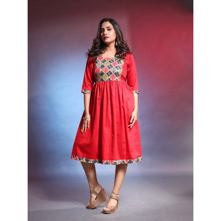 CHARUKRITI Red Solid Gathered Cotton Ethnic Printed Dress