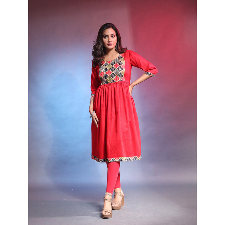 CHARUKRITI Red Solid Gathered Cotton Ethnic Printed Dress