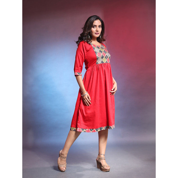 CHARUKRITI Red Solid Gathered Cotton Ethnic Printed Dress