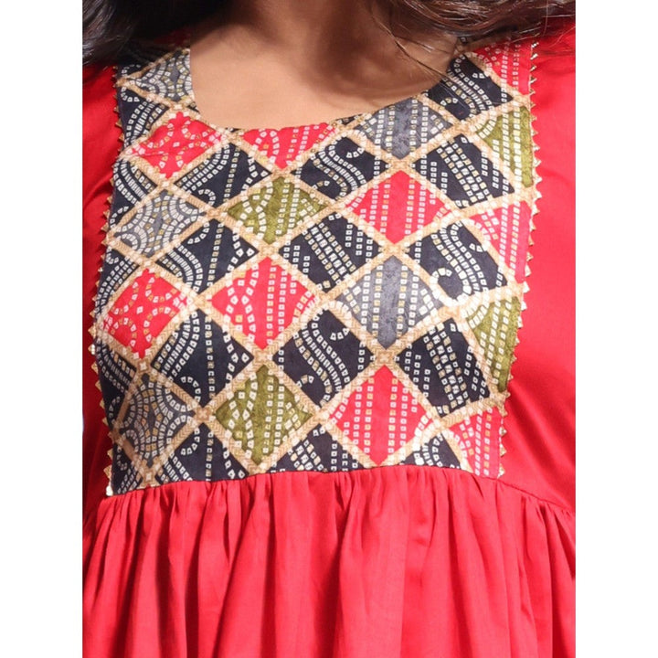 CHARUKRITI Red Solid Gathered Cotton Ethnic Printed Dress